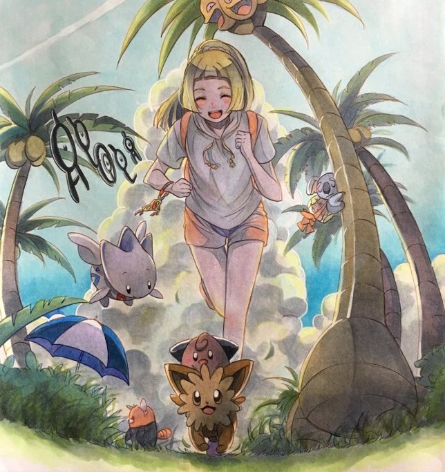 lillie, alolan exeggutor, unown, bewear, cleffa, and 6 more (pokemon and 1 more) drawn by yuyuyugoonn
