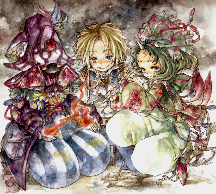 zidane tribal, black mage, vivi ornitier, and eiko carol (final fantasy and 1 more) drawn by ina_(gonsora)