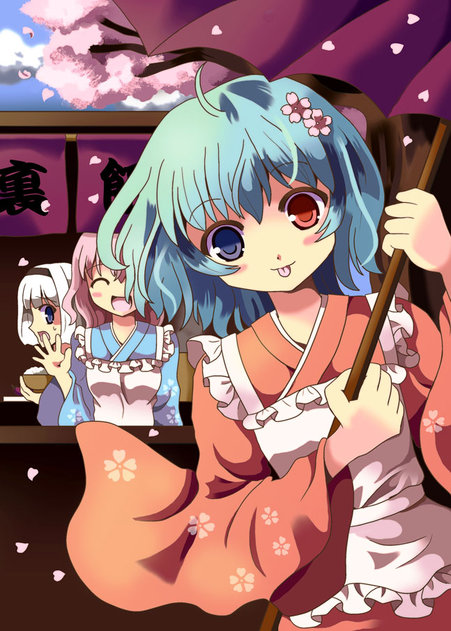 konpaku youmu, saigyouji yuyuko, and tatara kogasa (touhou) drawn by hazakura_satsuki