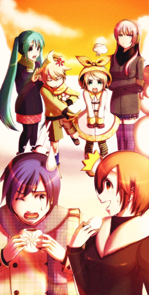 hatsune miku, kagamine rin, kagamine len, megurine luka, kaito, and 1 more (vocaloid) drawn by starcrown