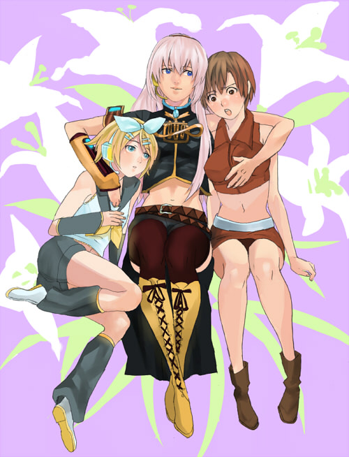 kagamine rin, megurine luka, and meiko (vocaloid) drawn by chitose_gitsune