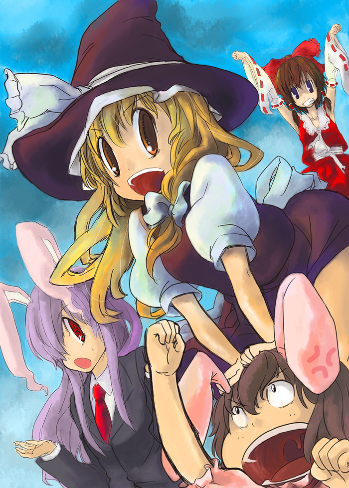 hakurei reimu, kirisame marisa, reisen udongein inaba, and inaba tewi (touhou) drawn by mani.ii