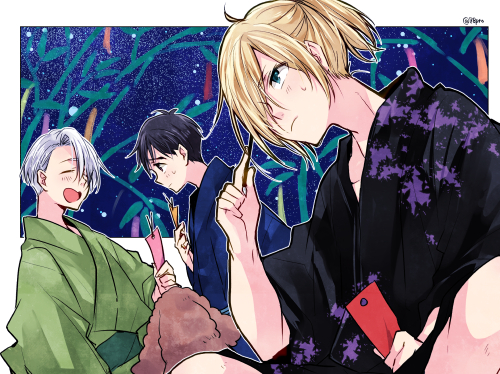 katsuki yuuri, viktor nikiforov, yuri plisetsky, and makkachin (yuri!!! on ice) drawn by naho_(pi988y)