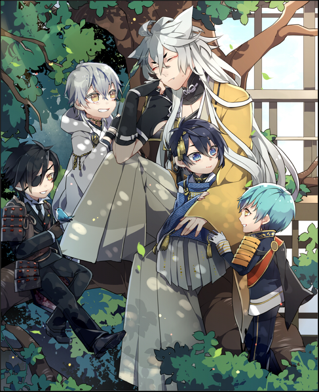 mikazuki munechika, tsurumaru kuninaga, ichigo hitofuri, shokudaikiri mitsutada, and kogitsunemaru (touken ranbu) drawn by kiragera