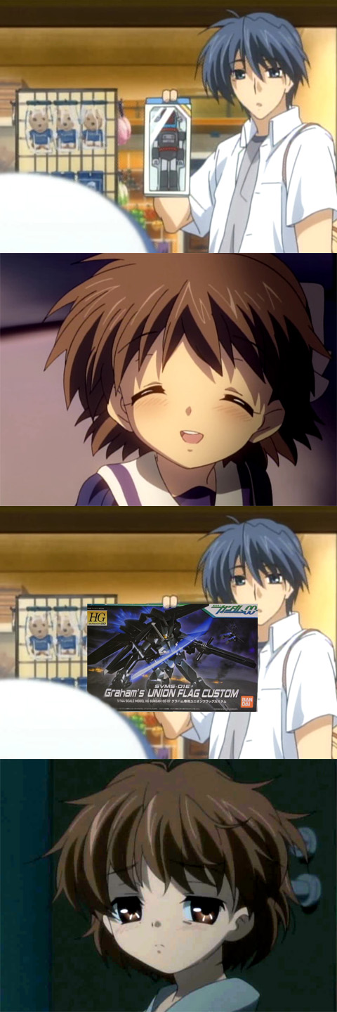 okazaki tomoya, okazaki ushio, nakamura yuuichi, and union flag (gundam and 2 more)
