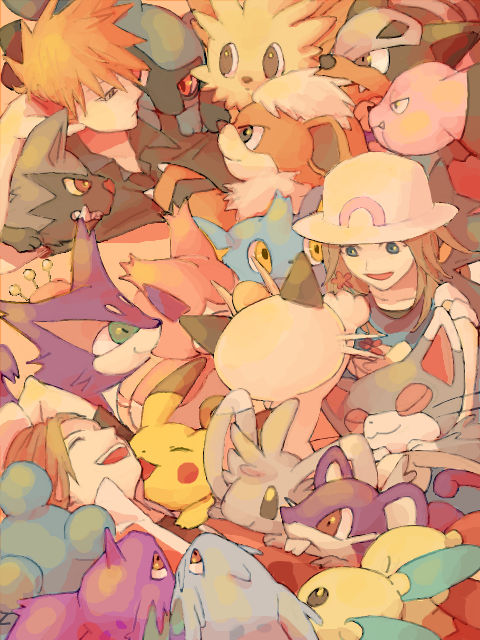 pikachu, red, blue oak, leaf, meowth, and 17 more (pokemon and 1 more) drawn by kasabuta
