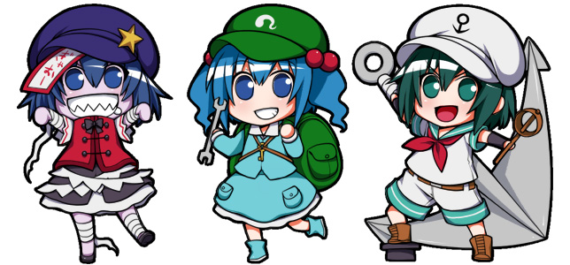 kawashiro nitori, murasa minamitsu, and miyako yoshika (touhou) drawn by eichi_yuu
