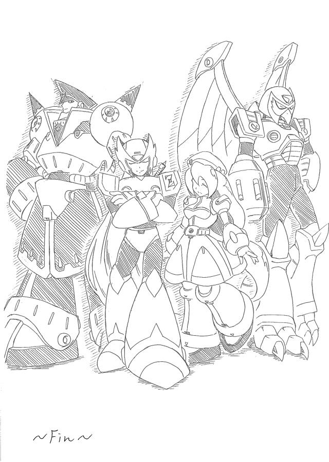 zero, iris, colonel, and storm eagle (mega man and 3 more) drawn by shouji_nigou