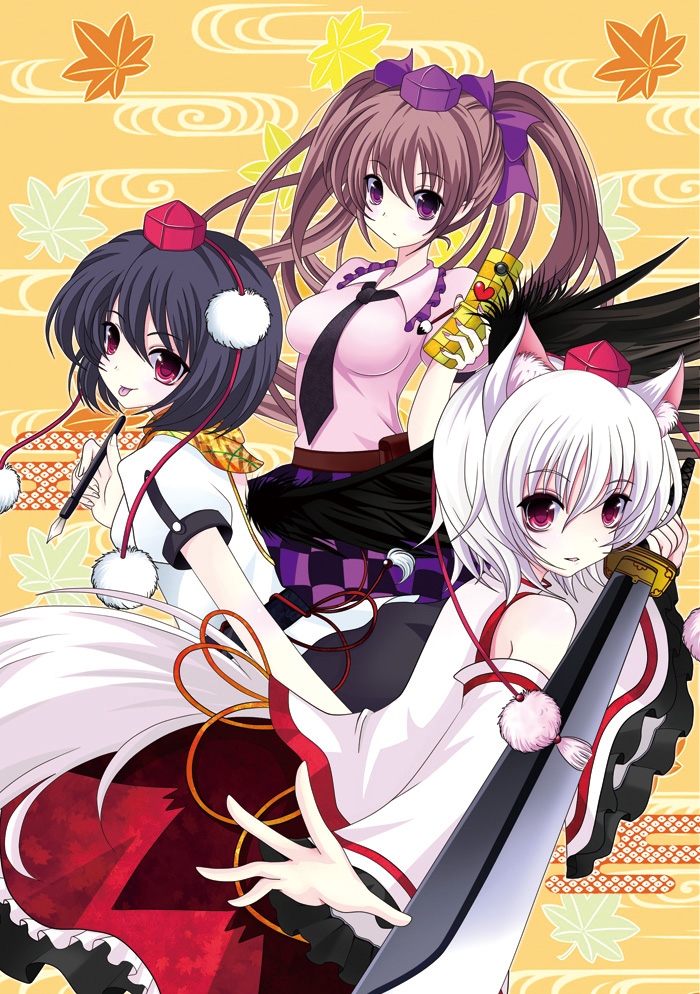 shameimaru aya, inubashiri momiji, and himekaidou hatate (touhou) drawn by kayama_benio