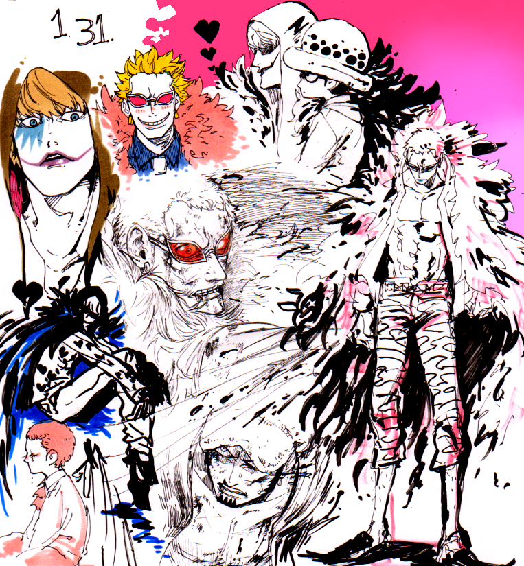 trafalgar law, donquixote doflamingo, and donquixote rocinante (one piece) drawn by mawari28