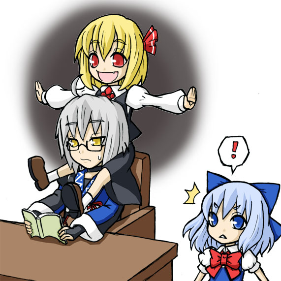 cirno, rumia, and morichika rinnosuke (touhou) drawn by shinadume