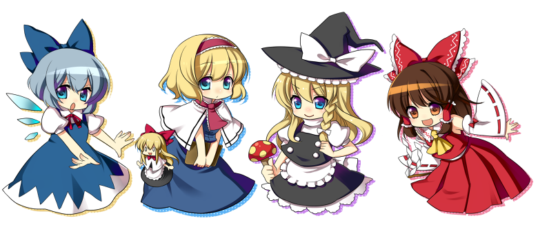 hakurei reimu, kirisame marisa, cirno, alice margatroid, and shanghai doll (touhou) drawn by masaru.jp