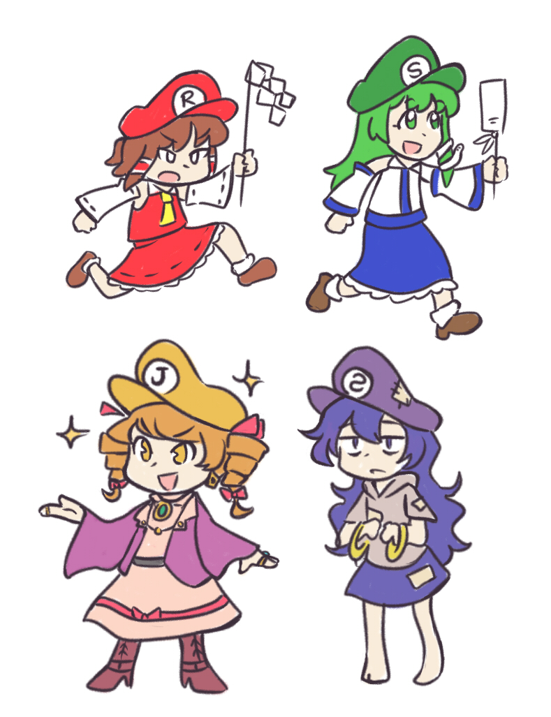 hakurei reimu, kochiya sanae, mario, yorigami shion, yorigami jo'on, and 3 more (touhou and 1 more) drawn by edgycat