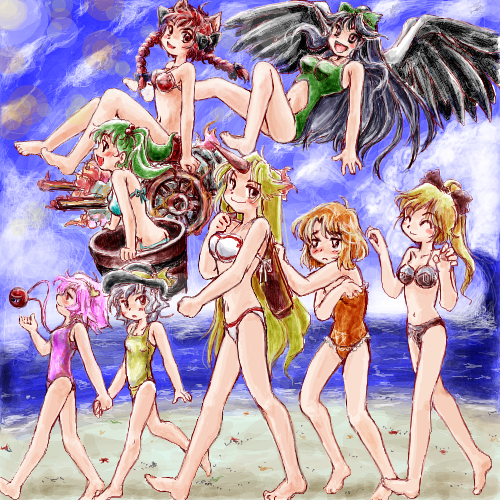 komeiji koishi, komeiji satori, kaenbyou rin, reiuji utsuho, mizuhashi parsee, and 3 more (touhou and 1 more) drawn by nanashii_(soregasisan)