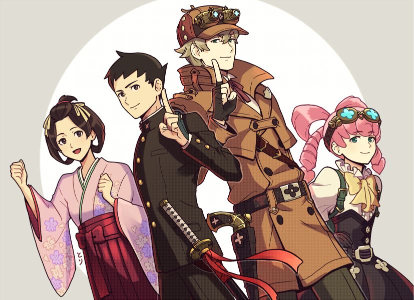 ryunosuke naruhodo, herlock sholmes, susato mikotoba, and iris wilson (ace attorney and 1 more) drawn by tori_(11toritori)
