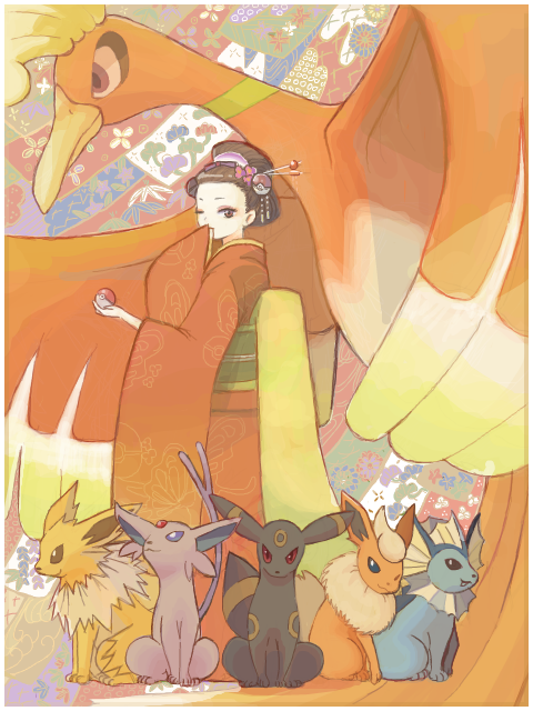 umbreon, vaporeon, espeon, flareon, jolteon, and 2 more (pokemon and 1 more) drawn by ine_(sero)