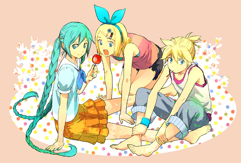 hatsune miku, kagamine rin, and kagamine len (vocaloid) drawn by habuki