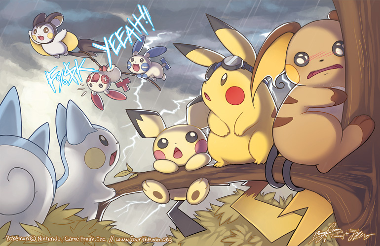 pikachu, pichu, raichu, pachirisu, emolga, and 2 more (pokemon) drawn by finni_chang