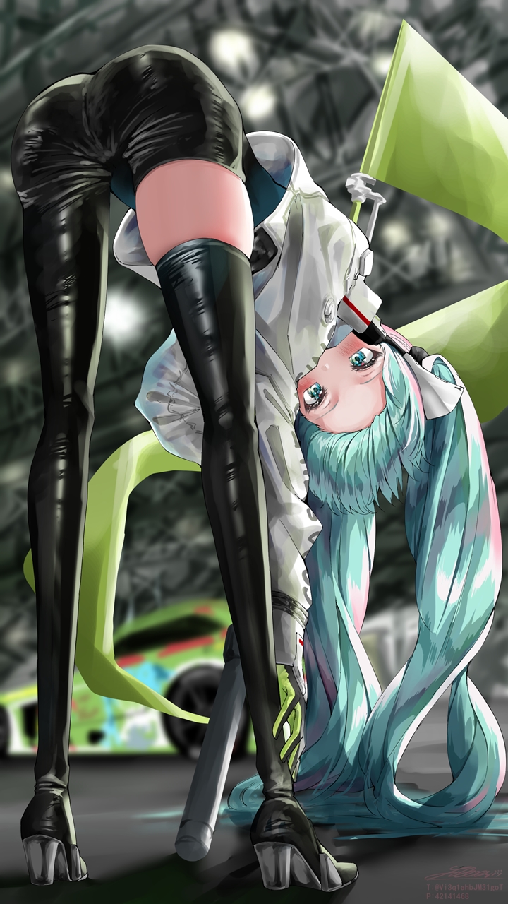 hatsune miku and racing miku (vocaloid and 1 more) drawn by shirubaa