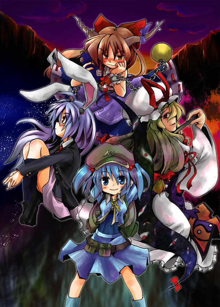 yakumo yukari, reisen udongein inaba, kawashiro nitori, and ibuki suika (touhou) drawn by kotojima_motoki