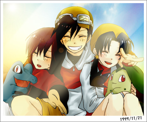 ethan, silver, kris, cyndaquil, chikorita, and 1 more (pokemon and 1 more) drawn by yukiru_(kuroneko-13)