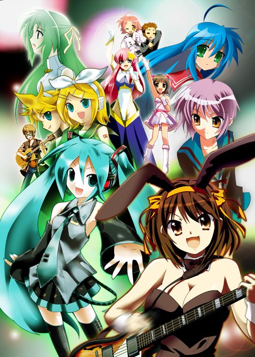 hatsune miku, kagamine rin, kagamine len, suzumiya haruhi, nagato yuki, and 7 more (idolmaster and 8 more) drawn by oyu_no_kaori