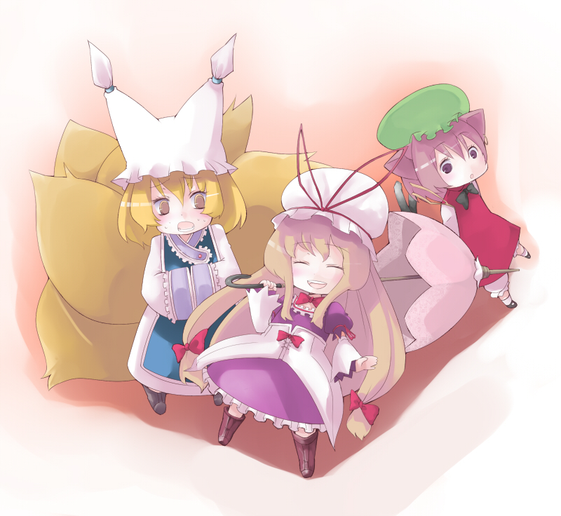 yakumo yukari, yakumo ran, and chen (touhou) drawn by numako