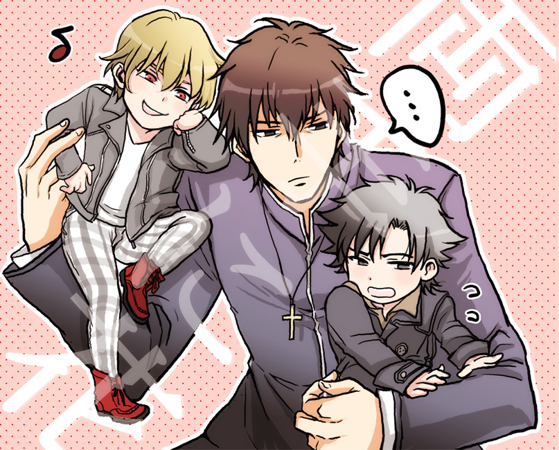 gilgamesh, kotomine kirei, and emiya kiritsugu (fate and 1 more) drawn by inuo_(gyawawan)