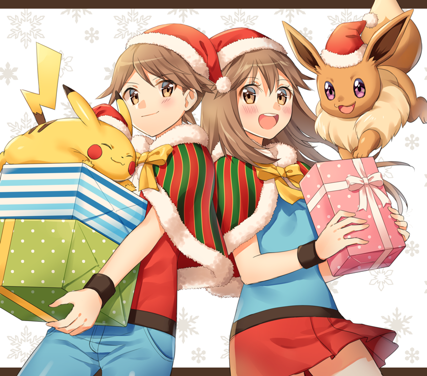 pikachu, red, eevee, and leaf (pokemon and 1 more) drawn by scbstella