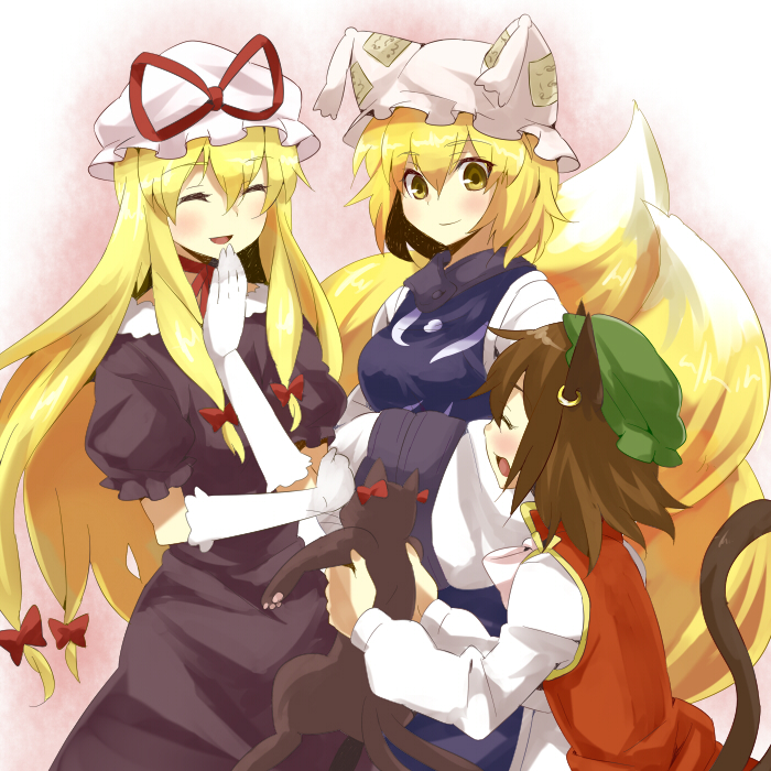 yakumo yukari, yakumo ran, kaenbyou rin, and chen (touhou) drawn by kiji_(manekinuko-tei)