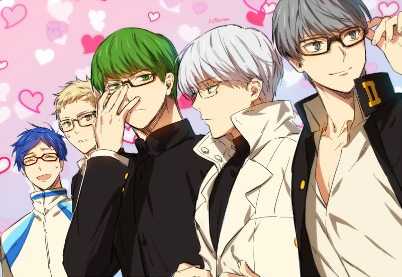 narukami yu, midorima shintarou, tsukishima kei, ryuugazaki rei, and arima kishou (persona and 5 more) drawn by nishita