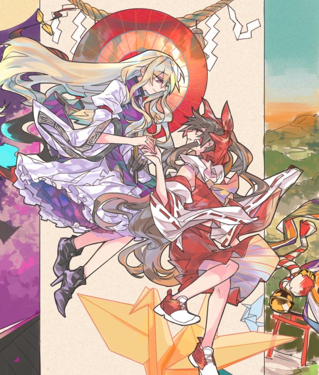 hakurei reimu and yakumo yukari (touhou) drawn by rekka