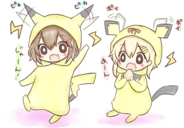 pikachu, yuudachi, ikazuchi, and pichu (kantai collection and 1 more) drawn by jako_(jakoo21)