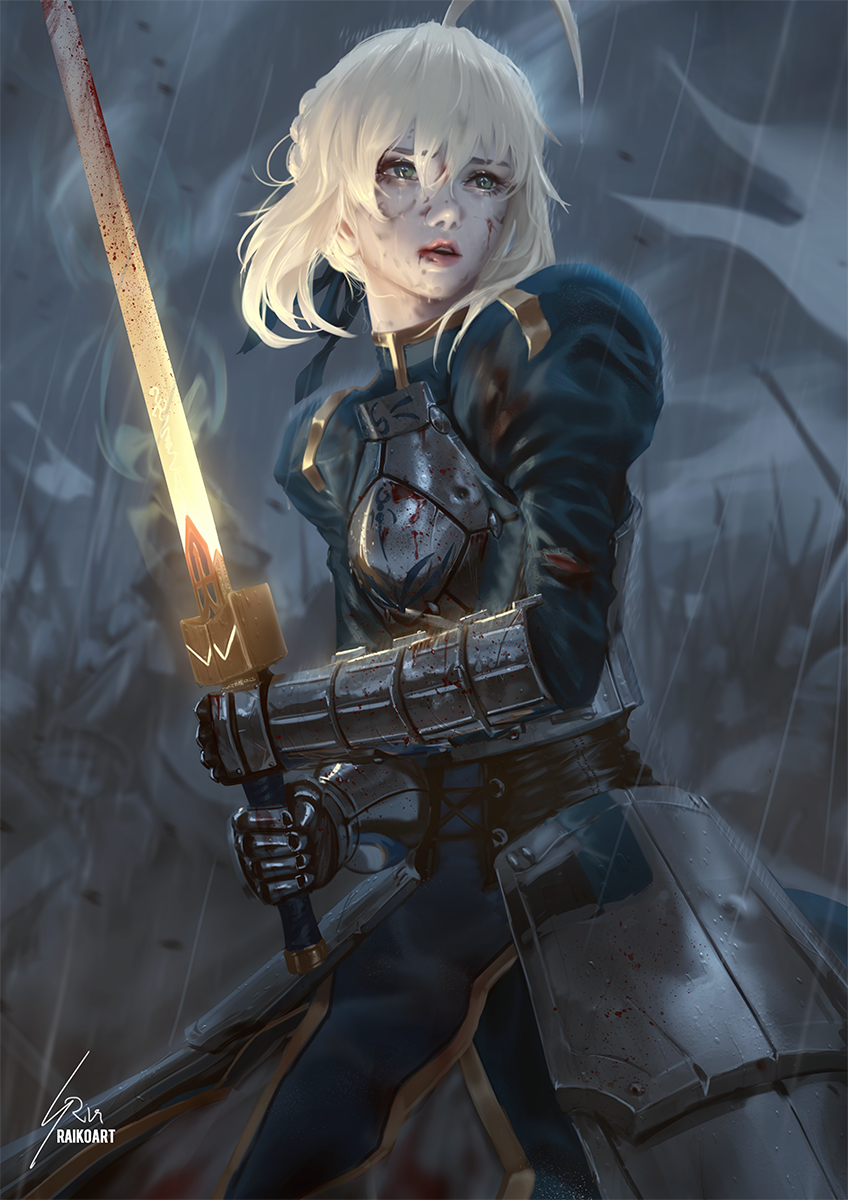 artoria pendragon and saber (fate and 1 more) drawn by raikoart