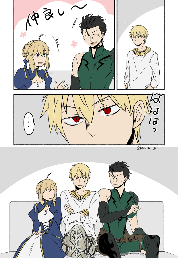 artoria pendragon, saber, diarmuid ua duibhne, and gilgamesh (fate and 1 more) drawn by moonlight_0423