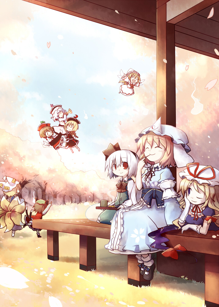 konpaku youmu, yakumo yukari, saigyouji yuyuko, yakumo ran, chen, and 4 more (touhou and 1 more) drawn by dorua_(dollar)