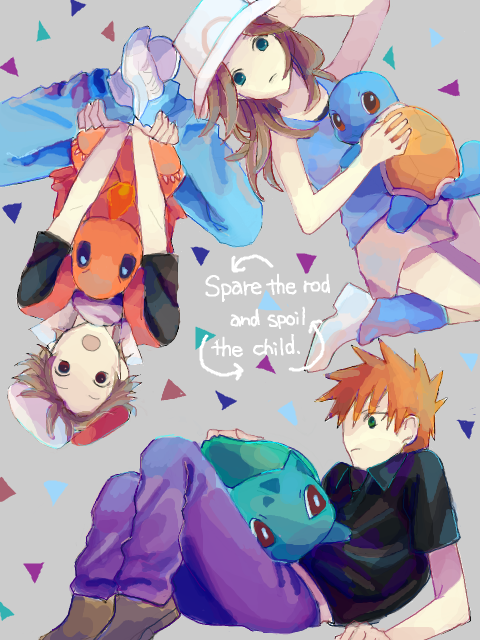 red, blue oak, leaf, bulbasaur, squirtle, and 1 more (pokemon and 1 more) drawn by kasabuta