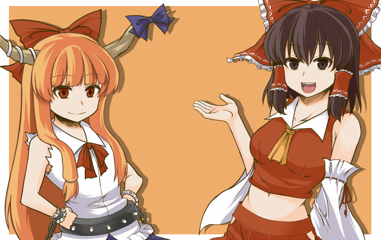 hakurei reimu and ibuki suika (touhou) drawn by zetsumame