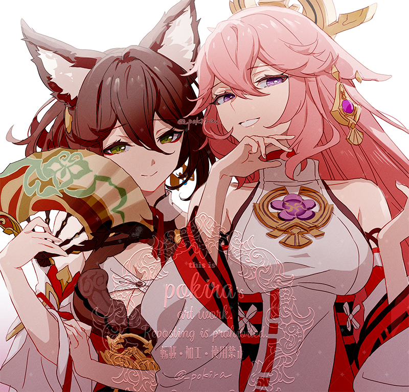 yae miko and tingyun (genshin impact and 3 more) drawn by pokira