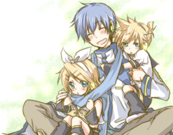 kagamine rin, kagamine len, and kaito (vocaloid) drawn by tasumon