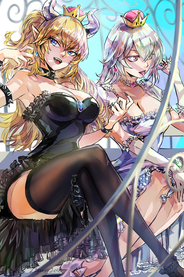 bowsette and princess king boo (mario and 2 more) drawn by zzyzzyy