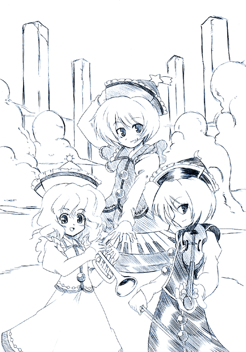 lunasa prismriver, merlin prismriver, and lyrica prismriver (touhou) drawn by kiku_hitomoji