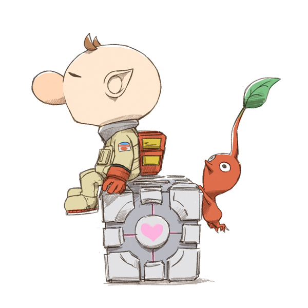 red pikmin, olimar, and aperture science weighted companion cube (pikmin and 1 more) drawn by naru_(wish_field)