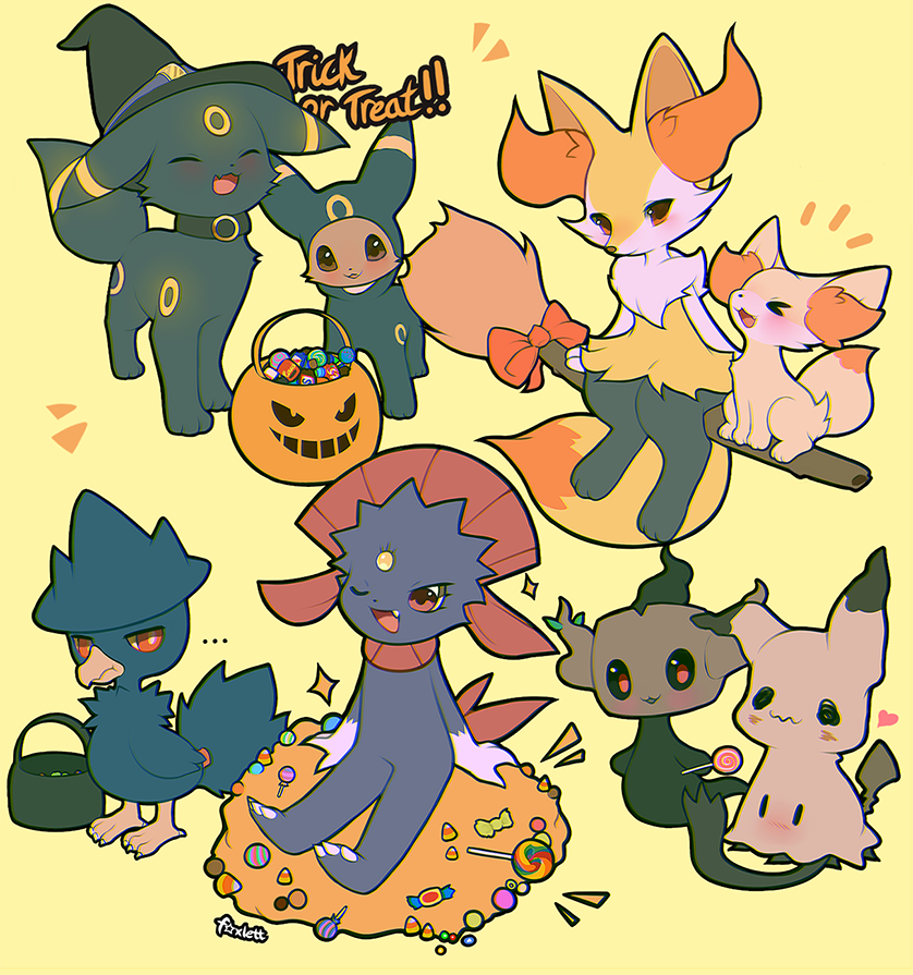 eevee, umbreon, mimikyu, braixen, fennekin, and 3 more (pokemon) drawn by foxlett