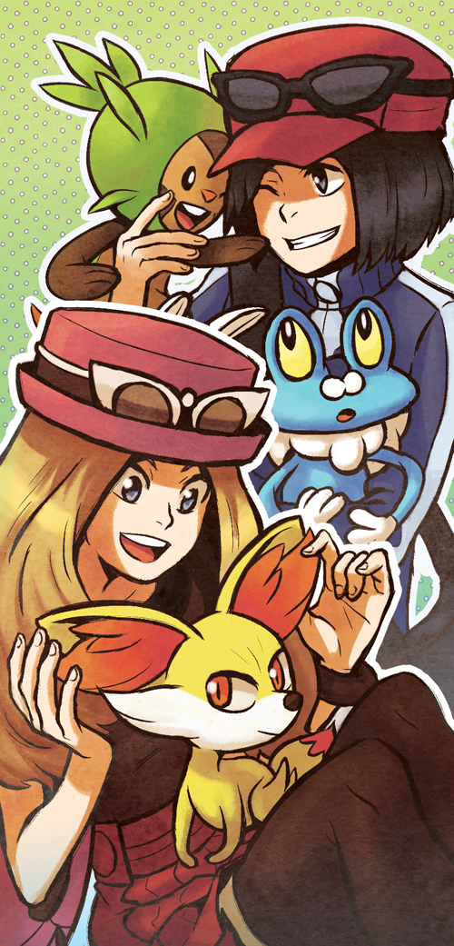 serena, calem, fennekin, chespin, and froakie (pokemon and 1 more) drawn by risako_(gladyfaith)