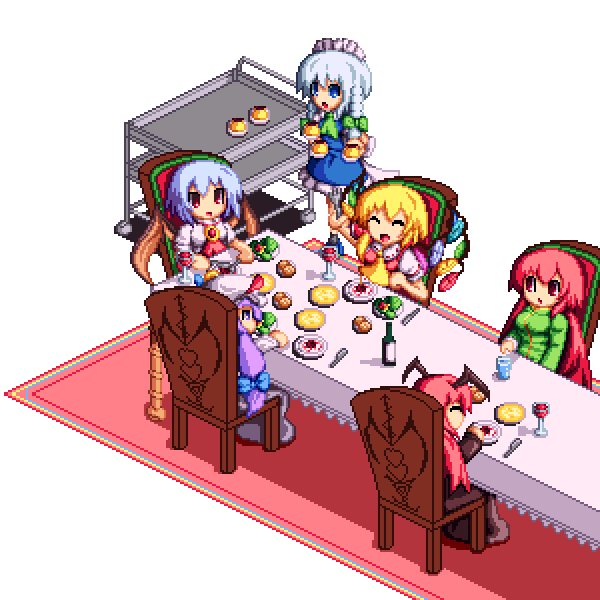 remilia scarlet, flandre scarlet, izayoi sakuya, patchouli knowledge, hong meiling, and 1 more (touhou and 1 more) drawn by kisasage_kouta