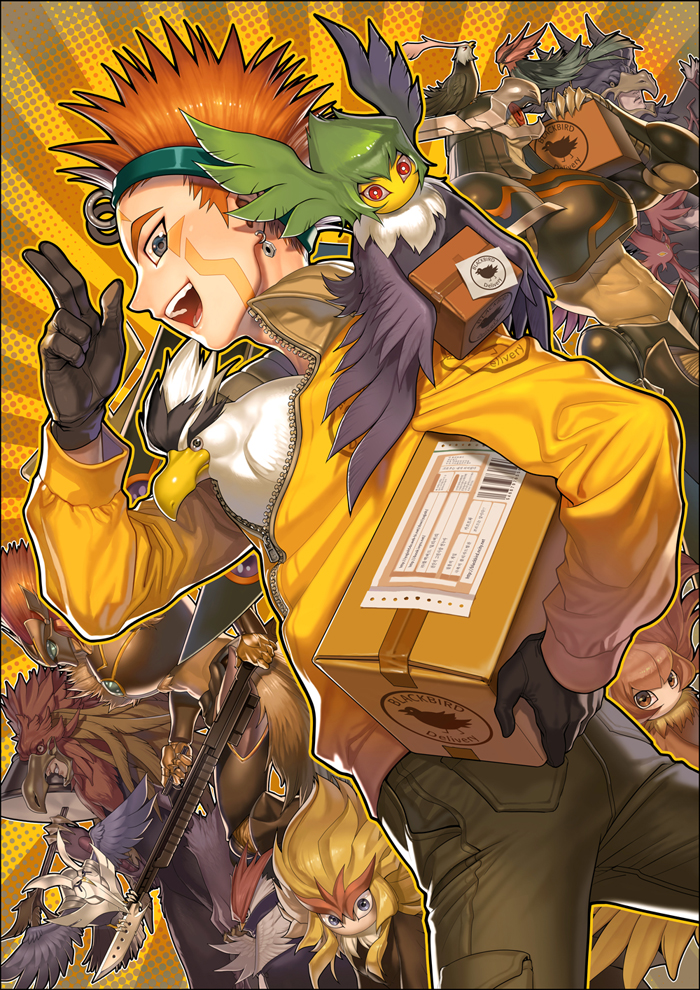 crow hogan, blackwing gale the whirlwind, blackwing armor master, blackwing blizzard the far north, blackwing breeze the zephyr, and 4 more (yu-gi-oh! and 1 more) drawn by yna
