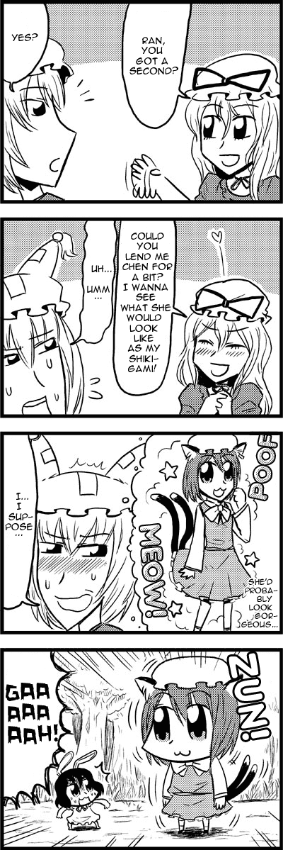 yakumo yukari, yakumo ran, chen, and inaba tewi (touhou) drawn by bkub