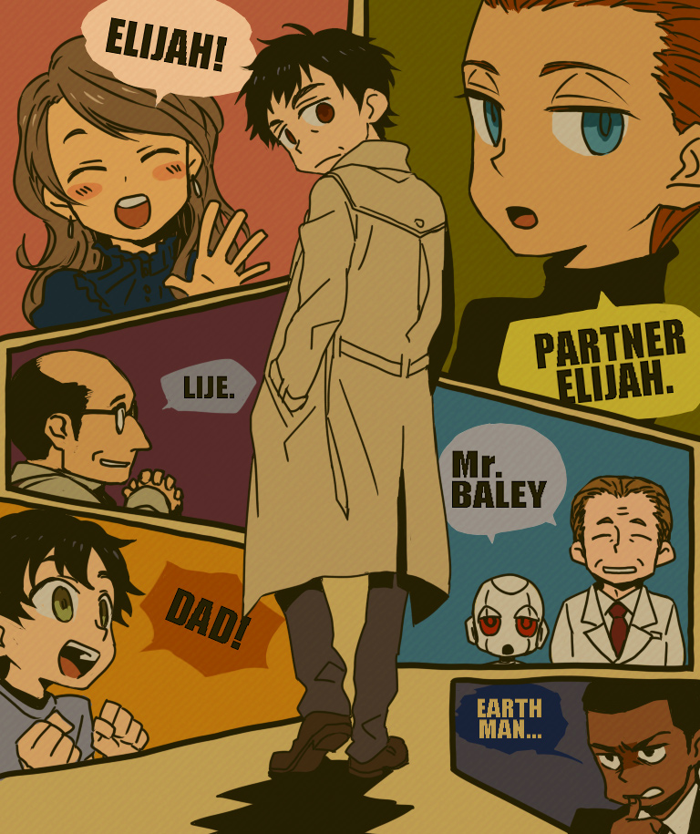 r daneel olivaw, elijah baley, r giskard reventlov, han fastolfe, gladia delmarre, and 3 more (the caves of steel and 2 more) drawn by kurosuke_(nora)