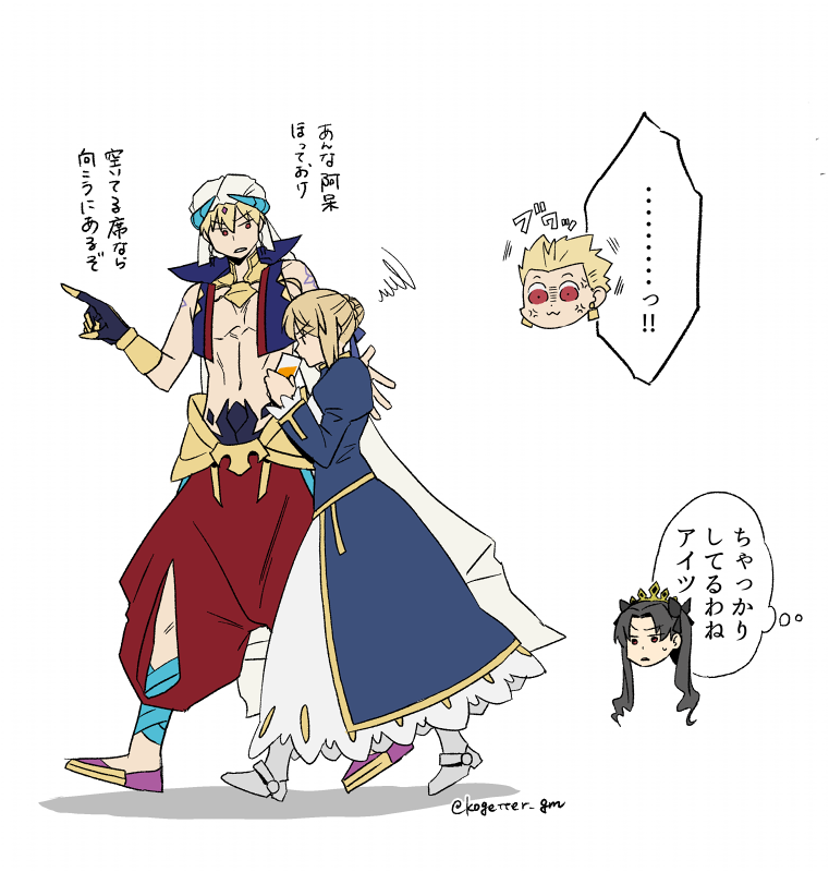 artoria pendragon, saber, ishtar, and gilgamesh (fate and 2 more) drawn by moonlight_0423